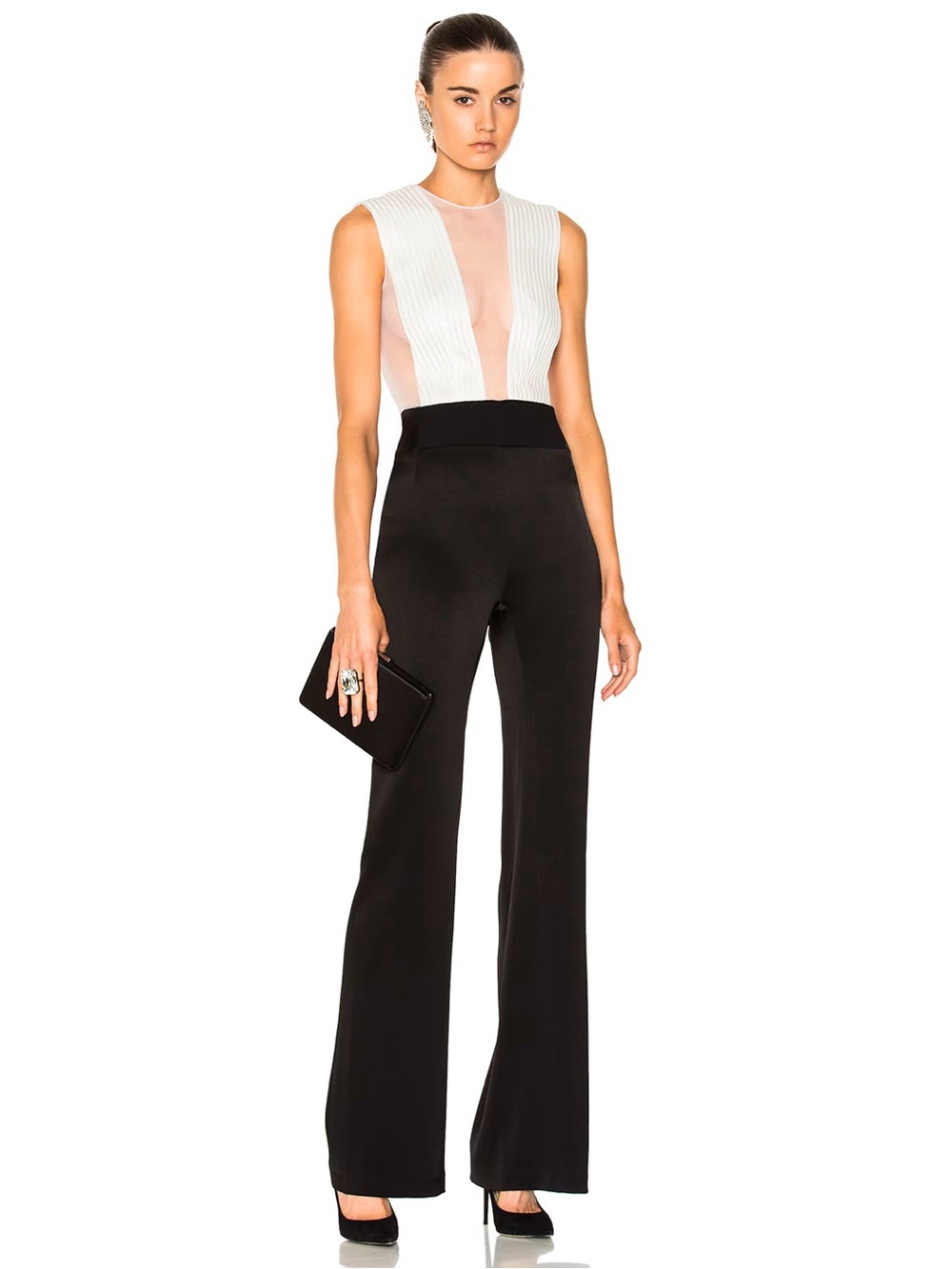 GALVAN Black White Satin Mesh Plunge Wide Leg Tuxedo Jumpsuit, Size 6